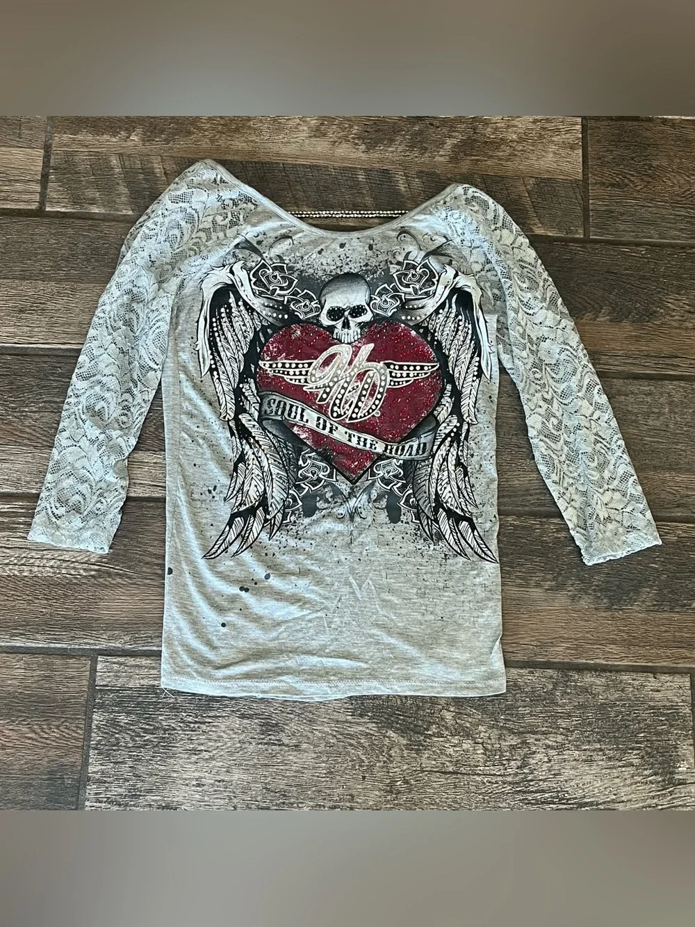 Harley Davidson 3/4 sleeve t-shirt skull rhinestones lace soul of the road S - Picture 1 of 10